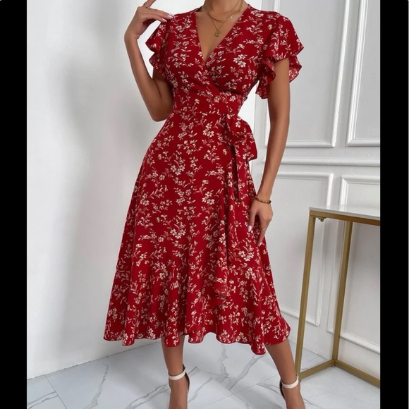 Boho Floral Print Butterfly Sleeve Dress Mustard Yellow - Picture 12 of 13